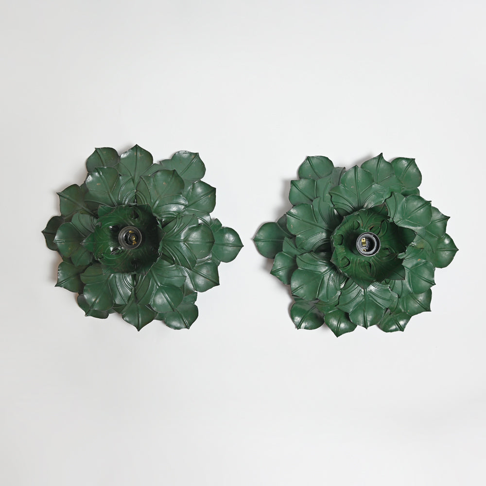 Pair of  Green Leaf Toleware Wall Lights