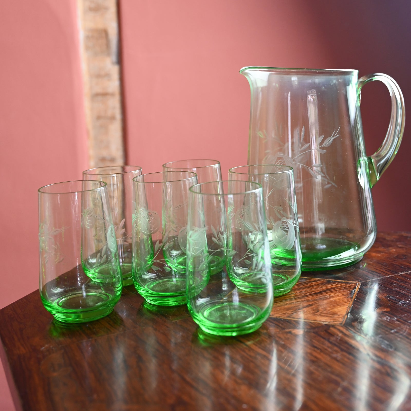 Uranium Rose Etched Glasses and Jug set