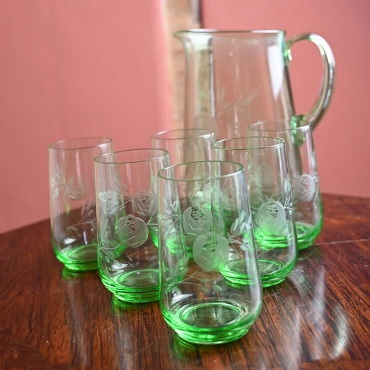 Uranium Rose Etched Glasses and Jug set