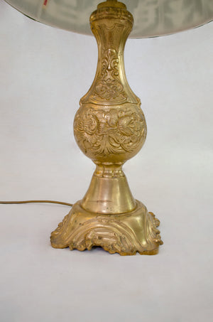Pair of Italian Vintage Brass Lamps with Silk Pleated Lampshades