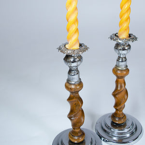 Pair of Wooden Barley Twist and Chrome Candlesticks