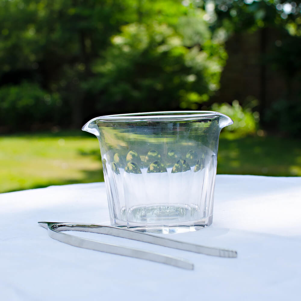 French Glass Ice Bucket with Silver Plated Tongs